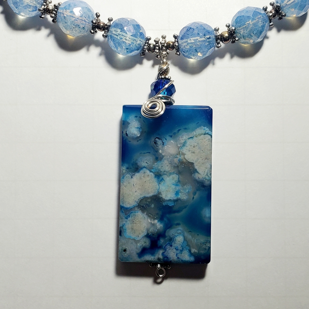 Flower Agate Pendant Necklace with Blue Czech Glass & Blue Banded Agate Beads - Picture 4 of 13